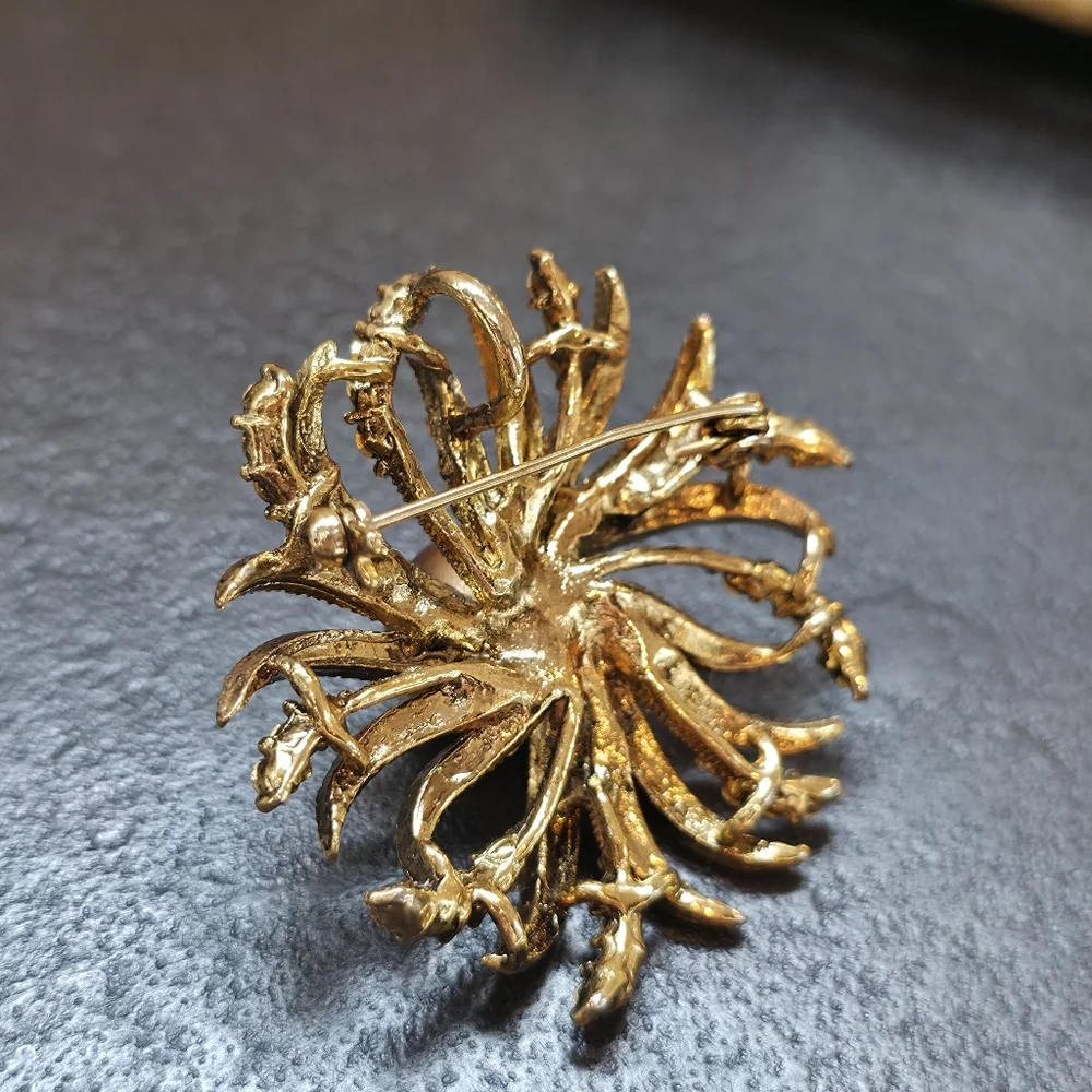Vintage-Style Champagne Pearl & Rhinestone Sunburst Brooch Pin And Pendant